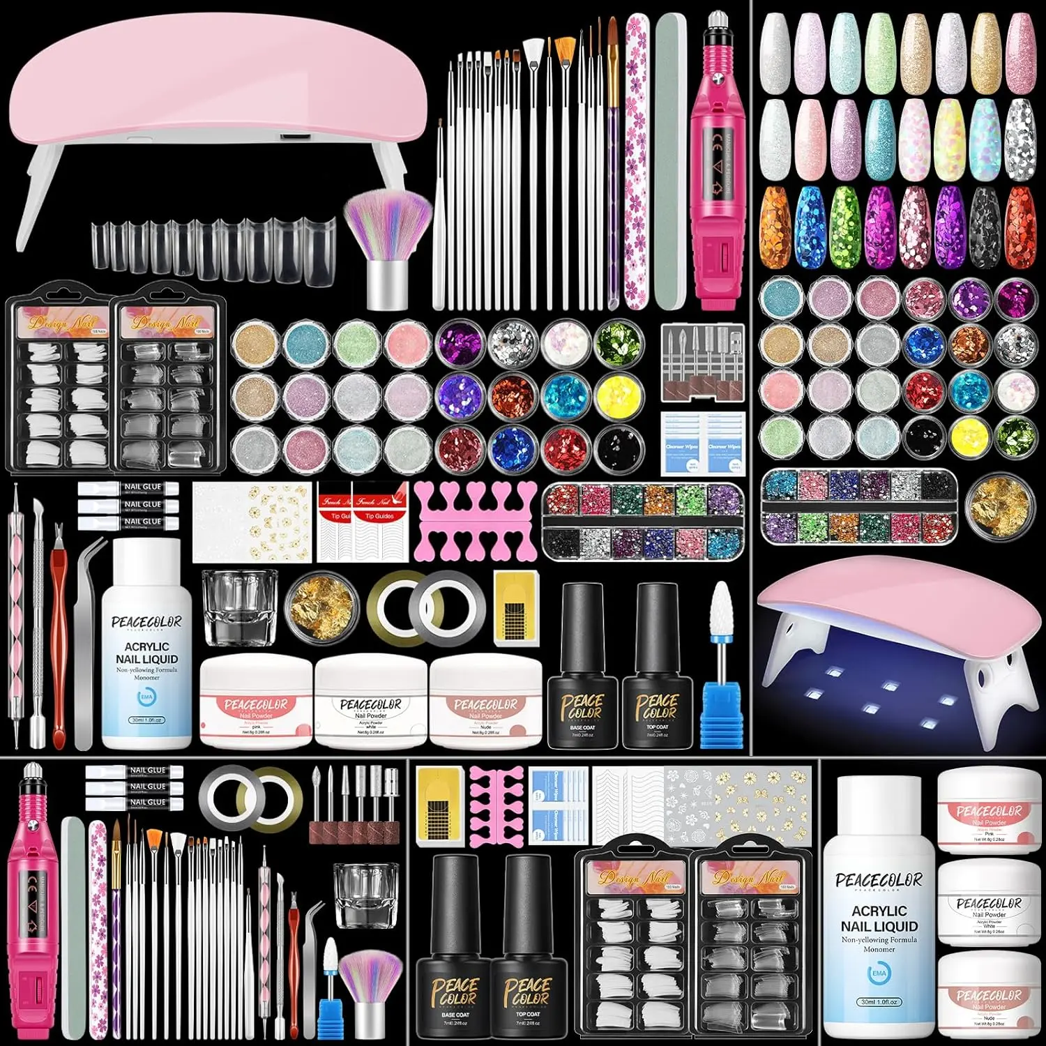 Acrylic Nail Kit with Drill and UV Light, Professional Nail Kit Acrylic Set for Beginners with Everything 3PC Powder 24PC Glitter Fake Tips Decoration Nails Set DIY Home Salon