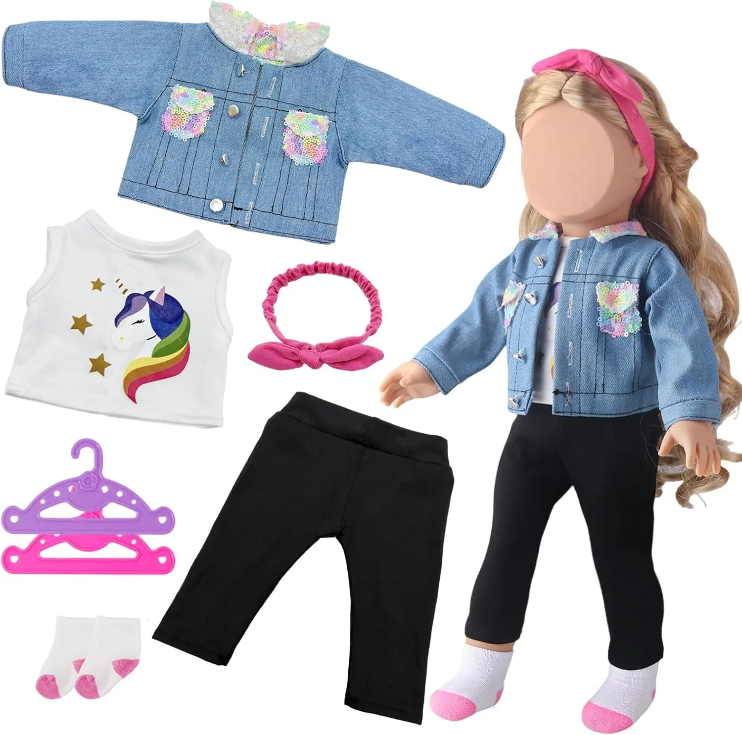 7PCS 18 Inch Doll Denim Clothes Set, Handmade Doll Outfit with Blue Sequin Jacket, Black Trousers, Headband & Socks, Accessories for American 18 Inch Dolls