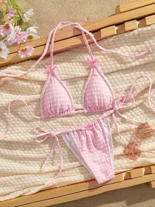 Two-piece Set Women's Bow Decor Tie Back Bikinis Set, Casual Fashion Chic Halter Bra & Panty Swimsuit Set, Ladies Swimwear for Beach Holiday Vacation