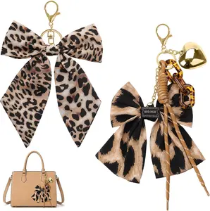 2 Pack Leopard Print Bow Keychains for Women, Cute Brown Purse Charms for Handbags & Totes, Birthday Gift for Her