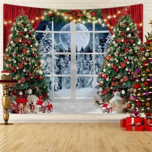 Christmas Themed Tapestry, 1 Count Window Photography Background Cloth, Winter Snow Scene Party Decoration, Wall Hanging Background Banner, Home Decor