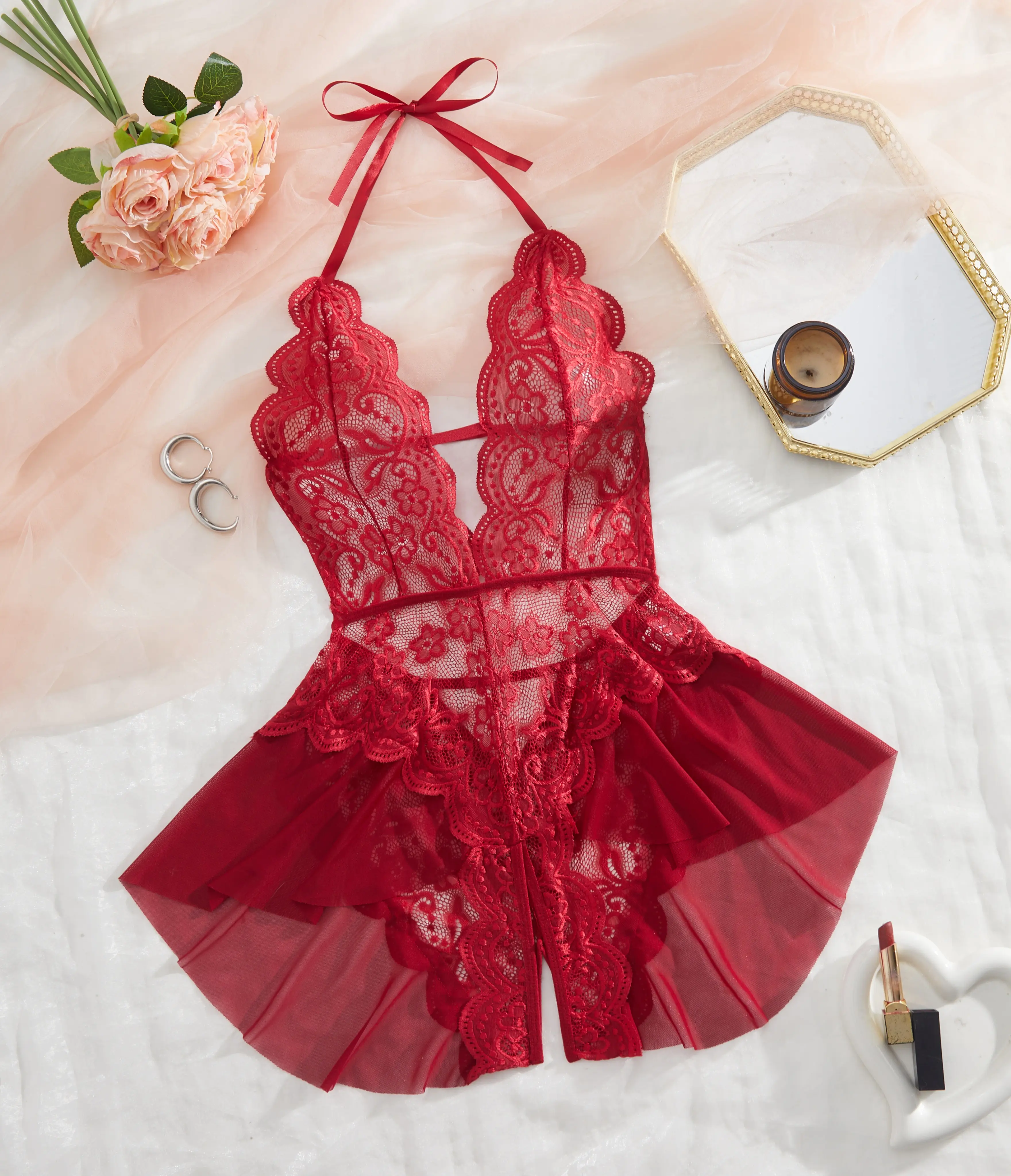 AESKEIA Women's Floral Lace Teddy Bodysuit - Sexy Halter Backless Lingerie Jumpsuit, Elegance Breathable Nightwear Red Womenswear（S-4XL)）