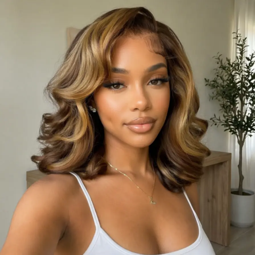Women's 250% High Density Short Bob Lace Hairline Wig - 6x4.5 Lace Closure, Natural Black & Honey Blonde Highlights, Glueless Invisi-Drawstring, Pre-Plucked Soft Human Hair Wig with 21.5-23.5 Inch Adjustable Headband, Body Wave #SummerVibes KissLove