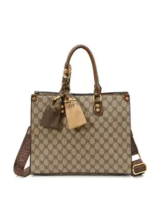 Large Capacity Geometric Pattern Bag with Decorative Scarf, Vintage Style Women's High Capacity Handbag, Fashionable Purse, Practical Daily Accessory