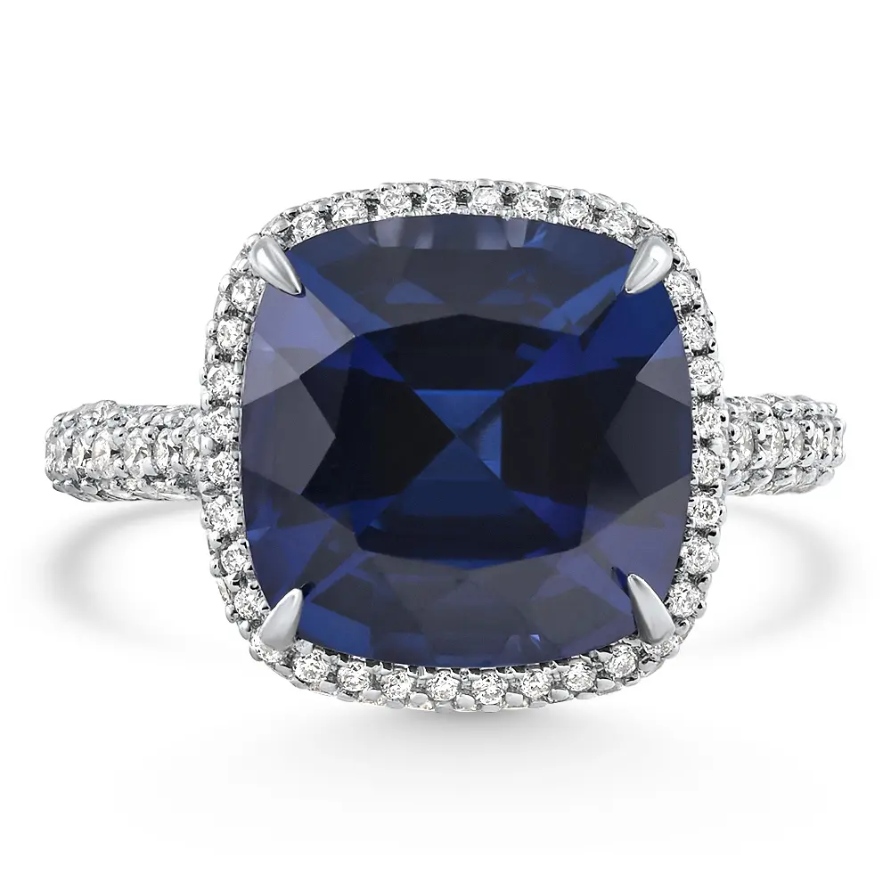 8.50Ct TW Cushion Blue Sapphire & pave Diamond Ring 14k White Gold Lab Grown