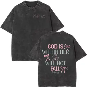 "God Is Within Her She Will Not Fall" Psalm 46:5 Dual-Sided T-Shirt, Pink Bow Christian Graphic Tee, Vintage Washed Black Oversized Cotton Top, Coquette Faith-Inspired Apparel