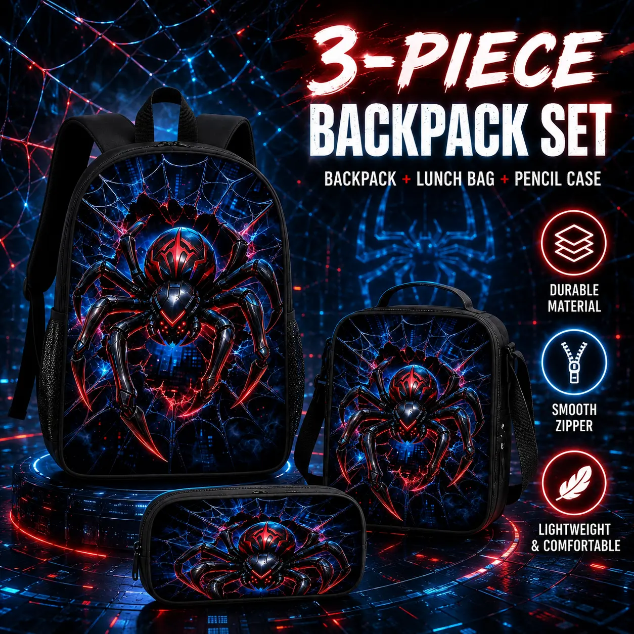 3PCS School Backpack Set for Boys Teens, Cool Metallic Spider Urban Daypack Gift Cyber Mech Spider 3PCS Backpack Set, Neon Blue Spiderweb School Bag with Lunch Box