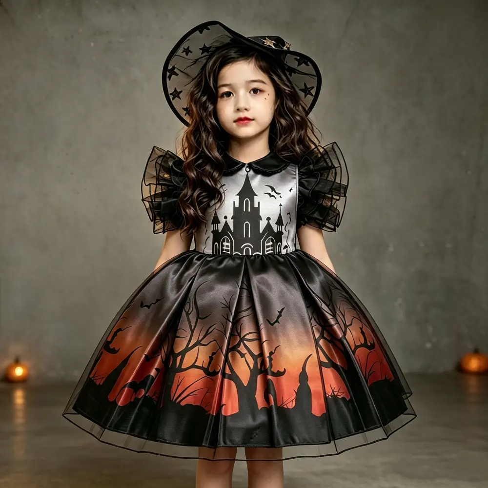 061 ( Only dress ) Princess dress Halloween castle print dress role play girl black dress