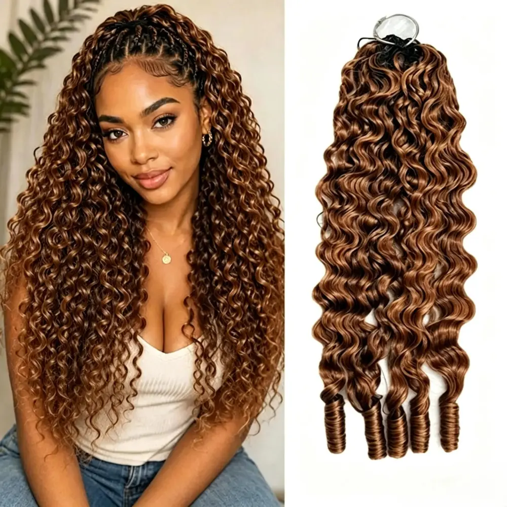 Crochet Hair Burmese Curly #30 Miracle Knots Boho Light Auburn Burmese Curly Feather Crochet Human Hair for Braiding Spiral Curly Human Hair Soft Feather Crochet Braid Extensions for Women