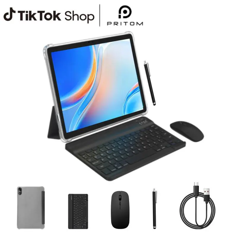 [Summerwins]PRITOM Android 15 Tablet 12GB(4+8)RAM 64GB ROM With Bluetooth Audio DualCameras 2-in-1 Detachable Keyboard Set 10.1-inch Screen Perfect FathersDayGift & Back-to-School Gift