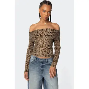 Leopard Printed Fold Over Knit Top