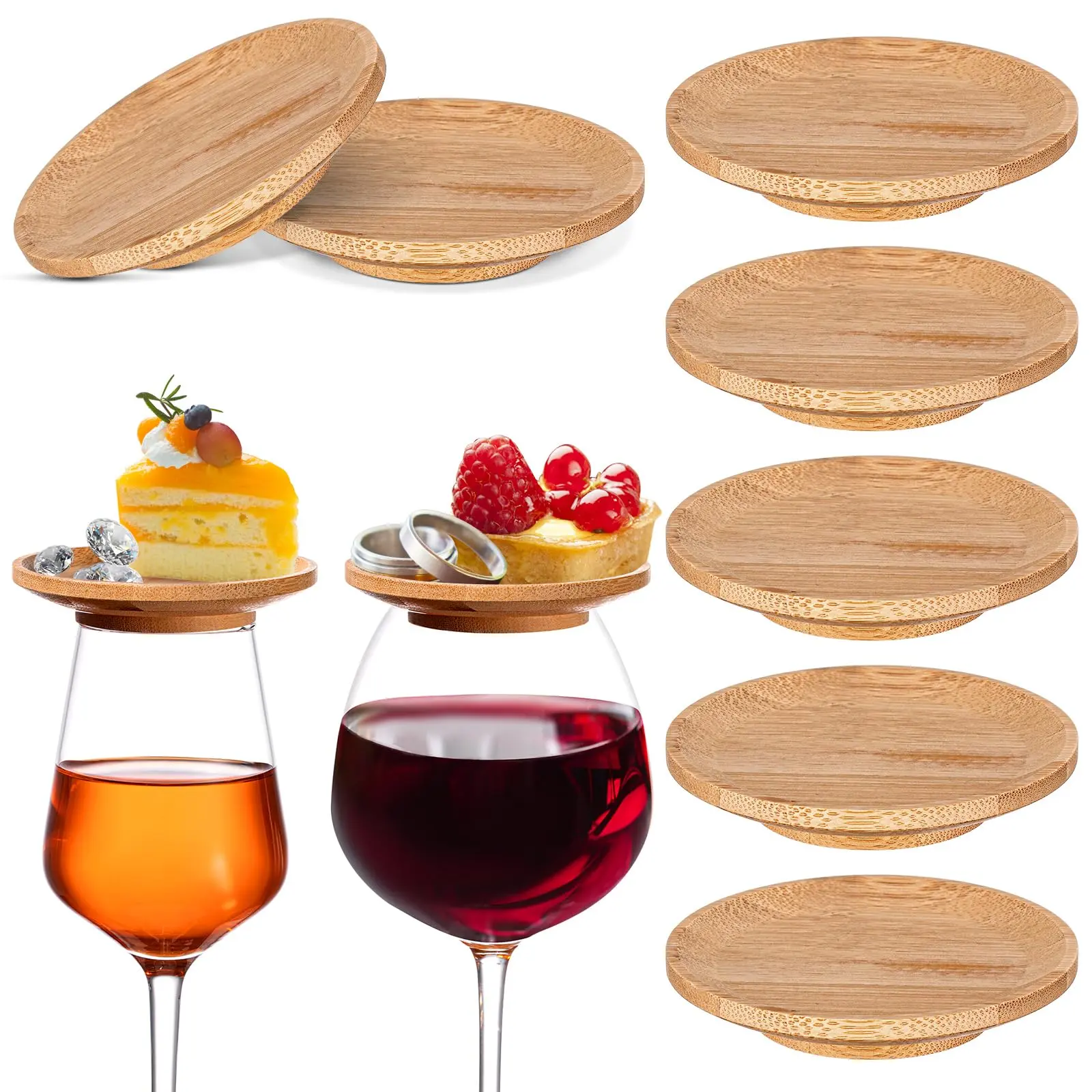 Natural Sturdy Bamboo Round Wine Glass Toppers (8 Pcs, 4 in, 0.79 in, 2.32 in Inner Diameter) - Dual-Use Tableware Set, Coasters & Appetizer Plates, Keeps Objects Out, Reduces Splashing, Simple Maintenance Routine for Home & Wine Tasting Supplies, 2.32 In