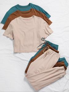 women's solid pants set, casual chic short sleeve crop top & tie front high waist pants, knitted co ord set, summer clothes for daily wear, downtown girl clothes