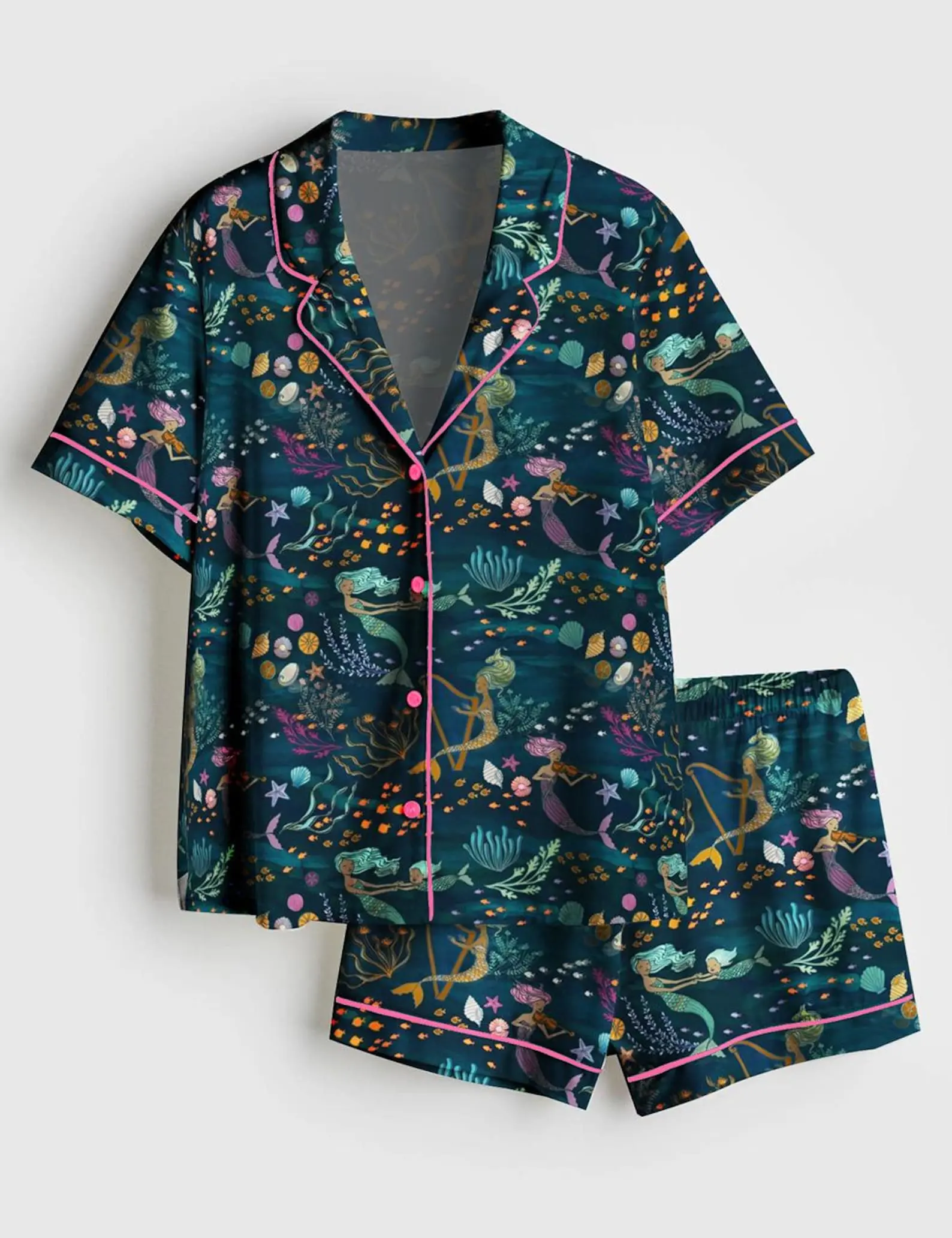 Mermaid Music Undersea Beauty Animals and Plants Pajama Set, Mermaid Undersea Black Ocean Sleepwear Set Gift For Her