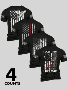 Men's Fashion Classic Stylish Round Neck Casual American Streetwear Short Sleeve T-Shirt, Summer Comfortable Flag Print Outdoor Tee, 4 Pack Set, Perfect for Boyfriend Daily Wear