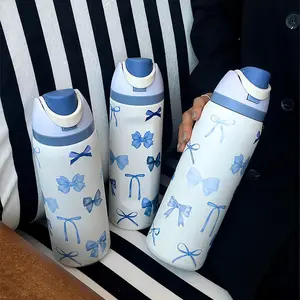 Bow Pattern Stainless Steel Vacuum Flask, 1 Count Portable Insulated Water Bottle Tumbler with Straw, Summer Cool Bottle Drinking Cup for Home Office School Outdoor Camping, Drinkware