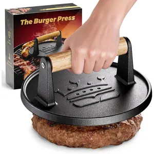 Smash Burger Press 6.5", Cast Iron Flat Round Edge Grill/Bacon/Meat/Hamburger/Chef Press with  Handle, 1.74lb Hamburger Press Patty Maker, Nonstick Burger Smasher for  Griddle