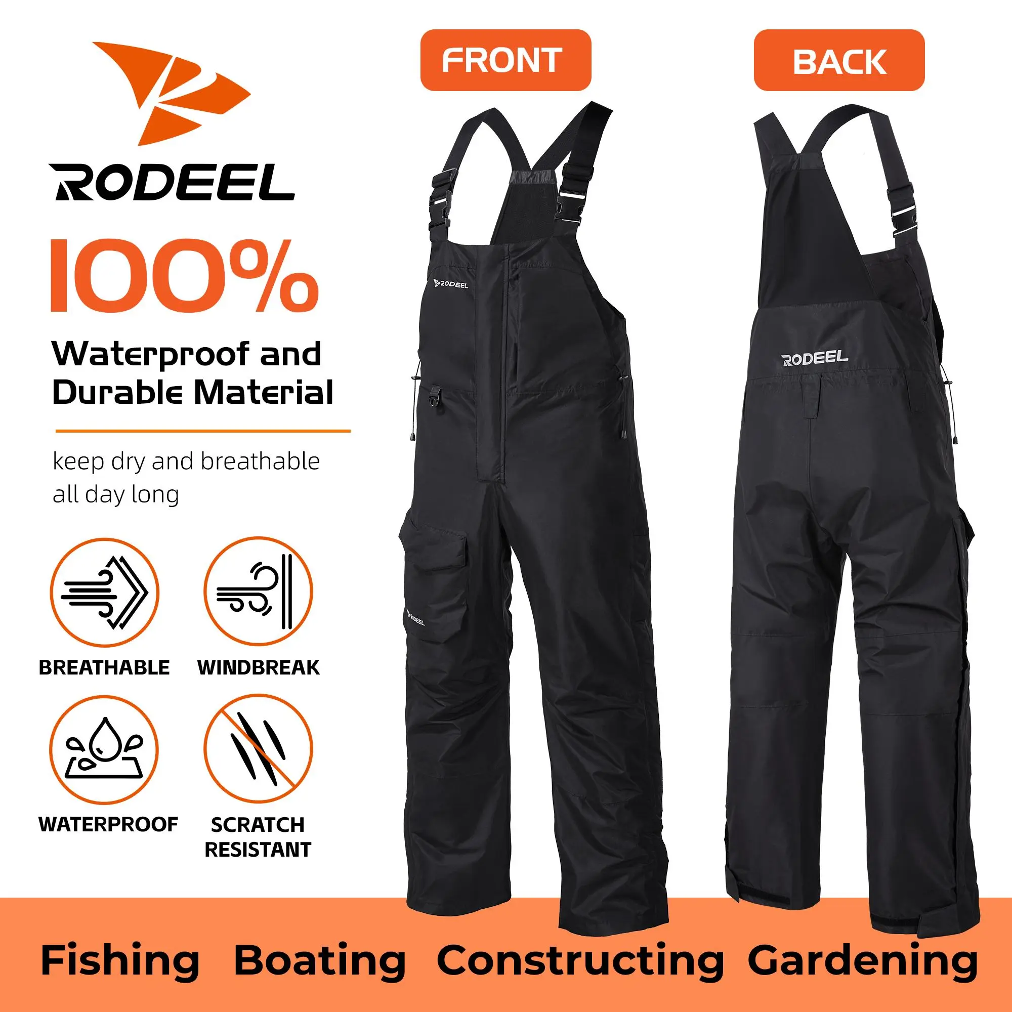 RODEEL 724 Premium Waterproof Bib Overalls Men Tactical Rainwear with Adjustable Suspenders and Multiple Pockets Relaxed Rain Pants Workwear for Outdoor Fishing Boating Car Washing Construction Landscaping Gardening Menswear, Holiday Gift