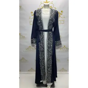 Abaya Cardigan Calligraphy Embroidery Arabic Silver Letters Set 2 Pcs.