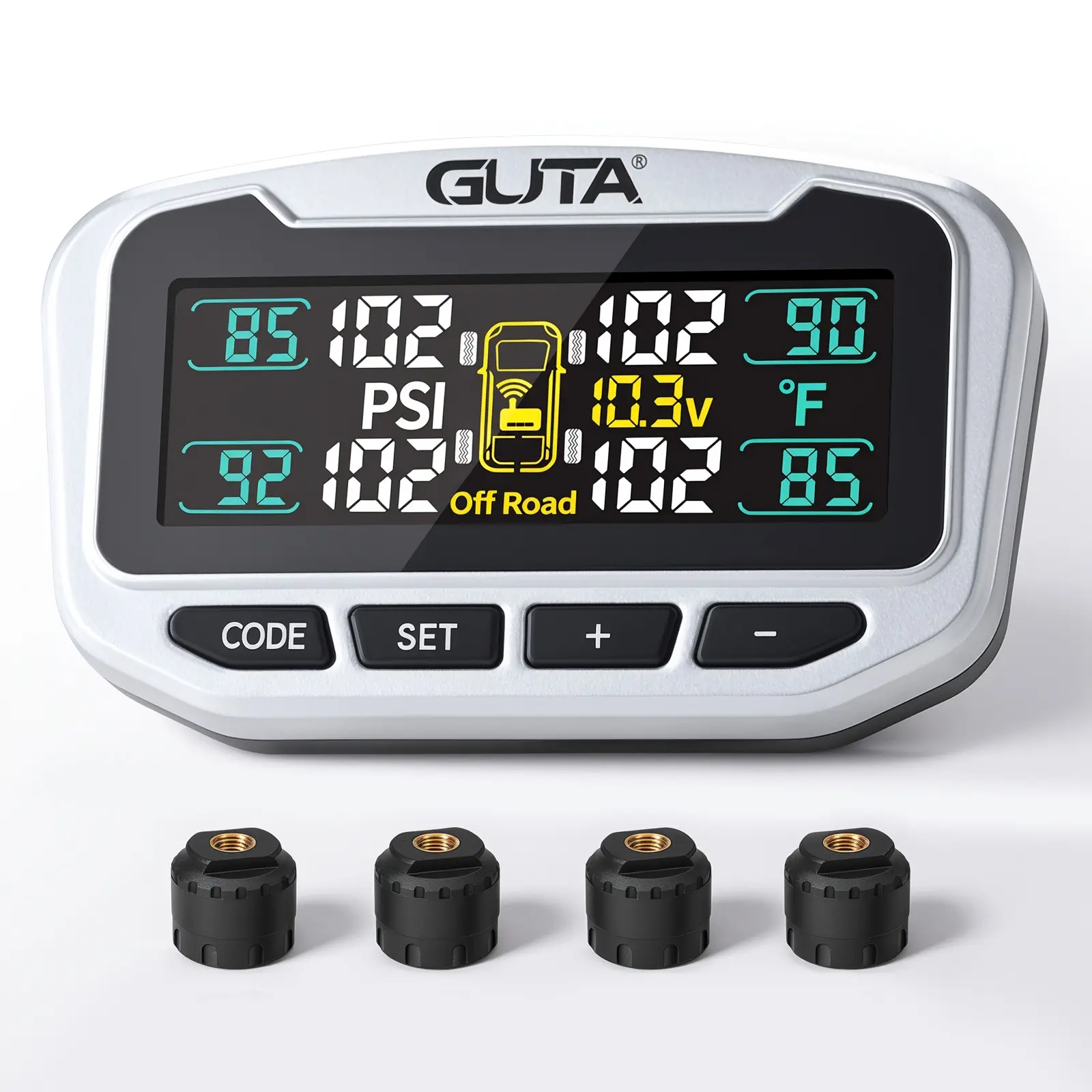 GUTA Tire Pressure Monitoring System, 0-188 PSI Heavy Duty TPMS with 8 Sensors, Color LCD Display, Long Range Transmission, 6 Alarm Modes, RV Trailer Tire Pressure Monitor for Truck, Camper, 5th Wheel