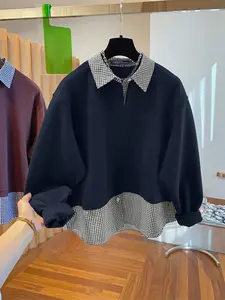 Women's Fall Winter Casual Collared Long Sleeve Plaid Patchwork Mock Two-Piece Loose Fit Hoodie, Fashion All over Print Sweatshirt