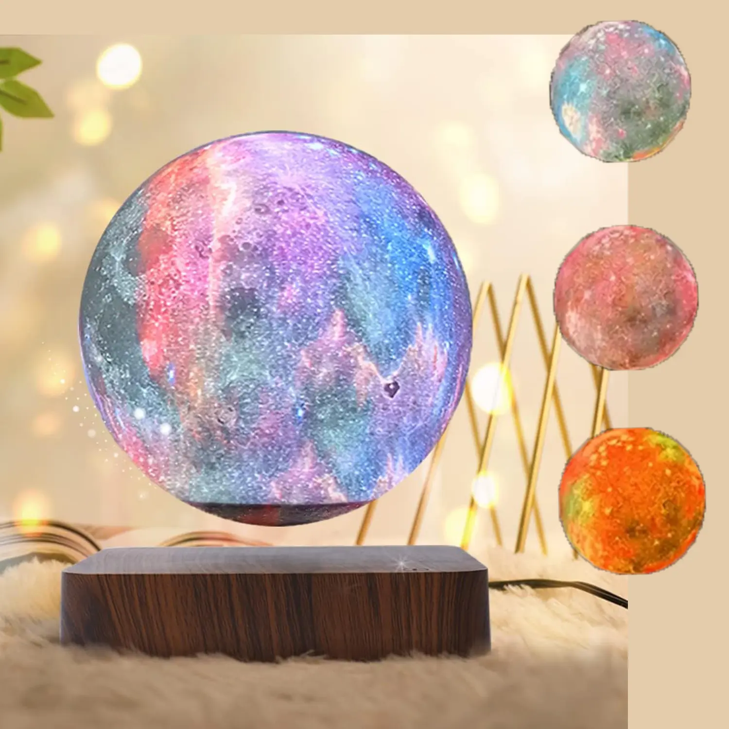 6-Inch Magnetic Levitating Galaxy Theme Moon Lamp, 3-Color Auto Rotate Floating Star Planet Light with Wood Base, Creative Desk Decor Birthday Gift for Kids