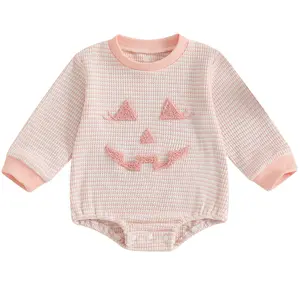 Infant Baby Girl Boy Halloween Outfit Ghost Face Sweatshirt Romper Halloween Sweater Onesie Waffle Bubble Bodysuit Fall Clothes