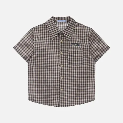 Aelfric Eden Men's Retro Checked Cotton Short-Sleeve Button-Down Shirt - Fitted Preppy Vintage Work Top with Pocket, Soft Casual for Summer Beach, Back to School,sohochic