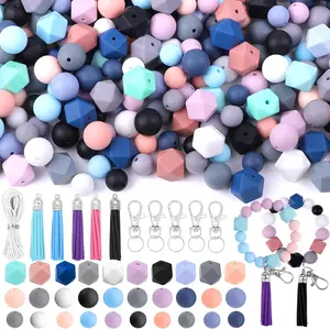 121 PCS Silicone Beads for Keychain Making Kit,12mm/0.47in,15mm/0.59in, Round 14mm/0.55in Polygonal Rubber Beads Multicolor Bulk Silicone Loose Beads for DIY Necklace Bracelet Jewelry Making Supplies