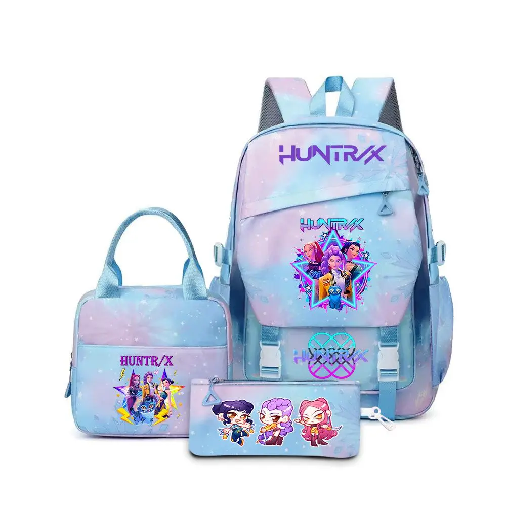 3‑Piece Kpop Backpack Set, Blue‑Pink Tie‑Dye Star Print School Backpack with Insulated Lunch Bag and Zipper Pencil Case, Casual Daypack for Teen Girls Women
