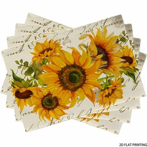 2D flat printing, 2-piece/4-piece set, autumn sunflower placemat, Floral pattern placemat, featuring retro yellow floral design, for spring and summer, with eucalyptus leaves, perfect for seasonal kitchen and home decor, size 12 X 18