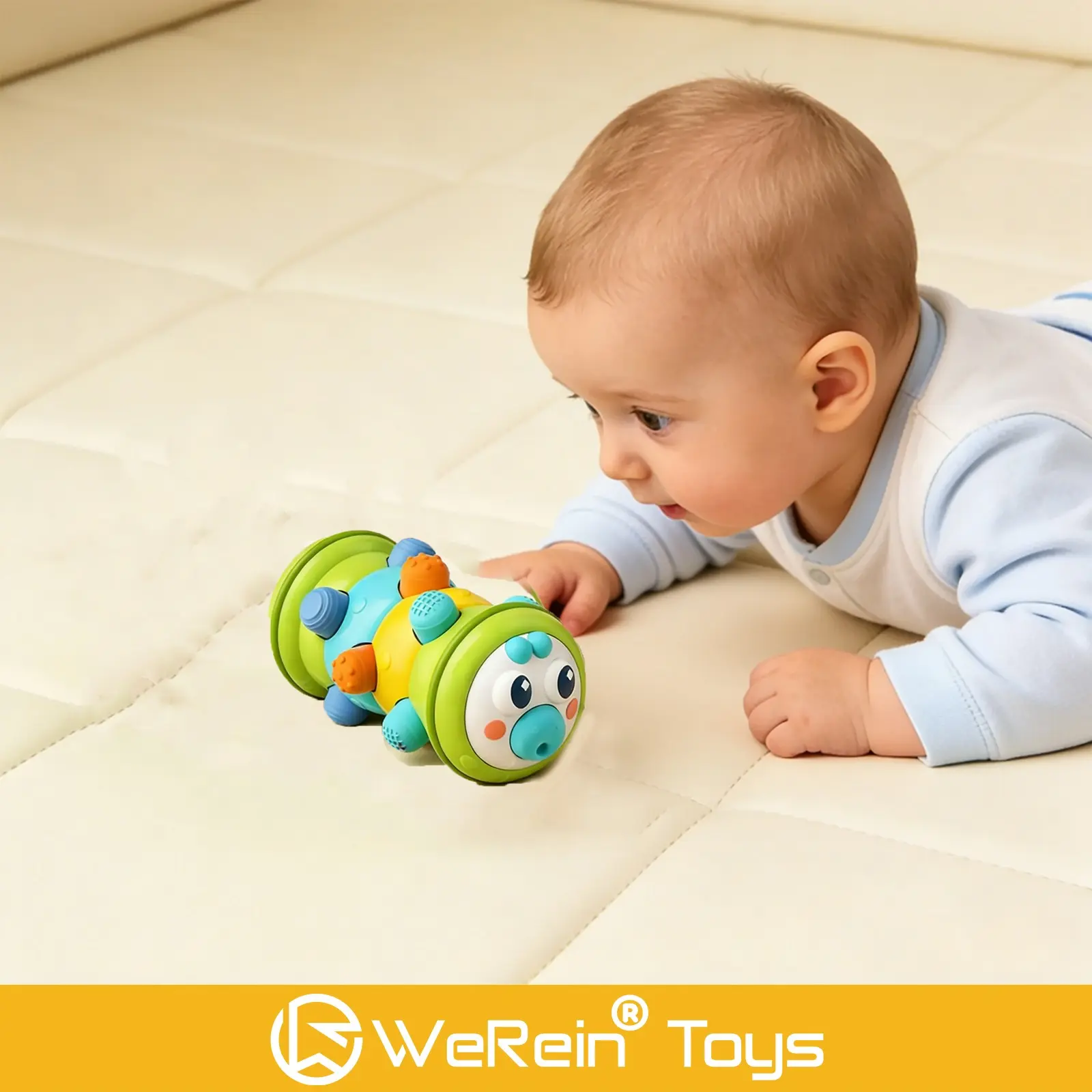 Caterpillar Shape Baby Sensory Pull Toy, Pop It Press Buttons Rotatable Rings Mirror Rattle Shaker Toy, Montessori Fine Motor Skills Developmental Toy for 0‑36 Months Infants