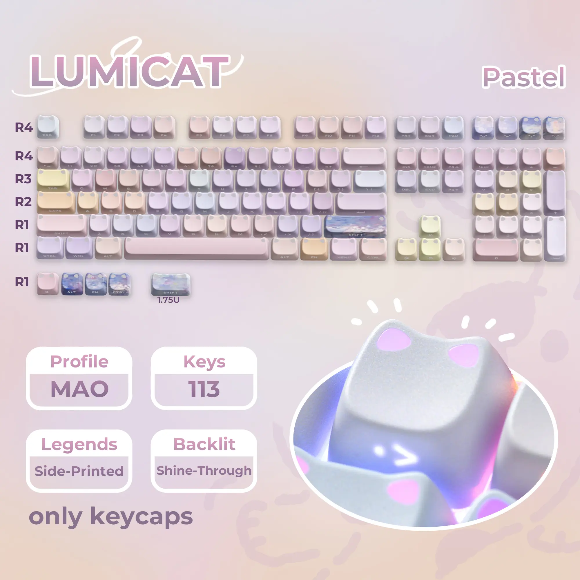 XVX Lumicat keycaps  Pastel Light-up Ears Cat Shine-Through MAO Profile Backlit  Side-Printed Legends  113-Key Keycap Set for Mx Switches   （Keycaps Only, Keyboard Not Included）