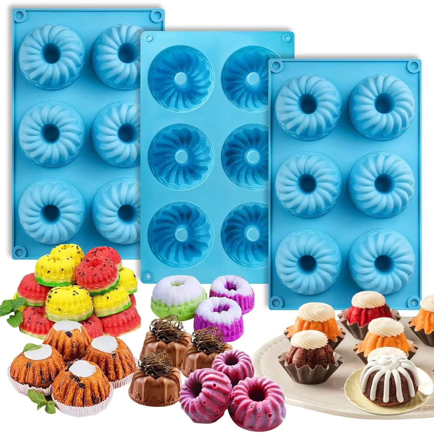 3 count 6-Cavity Mini Fluted Tube Pan  Non-Stick Multi-Cavity small Cake Baking Pan, mini moldes para chocoflan