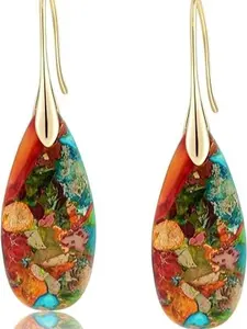 【NewYear2026】Natural Healing Stone Fishhoop Dangle Drop Earrings Statement Gold silver earrings