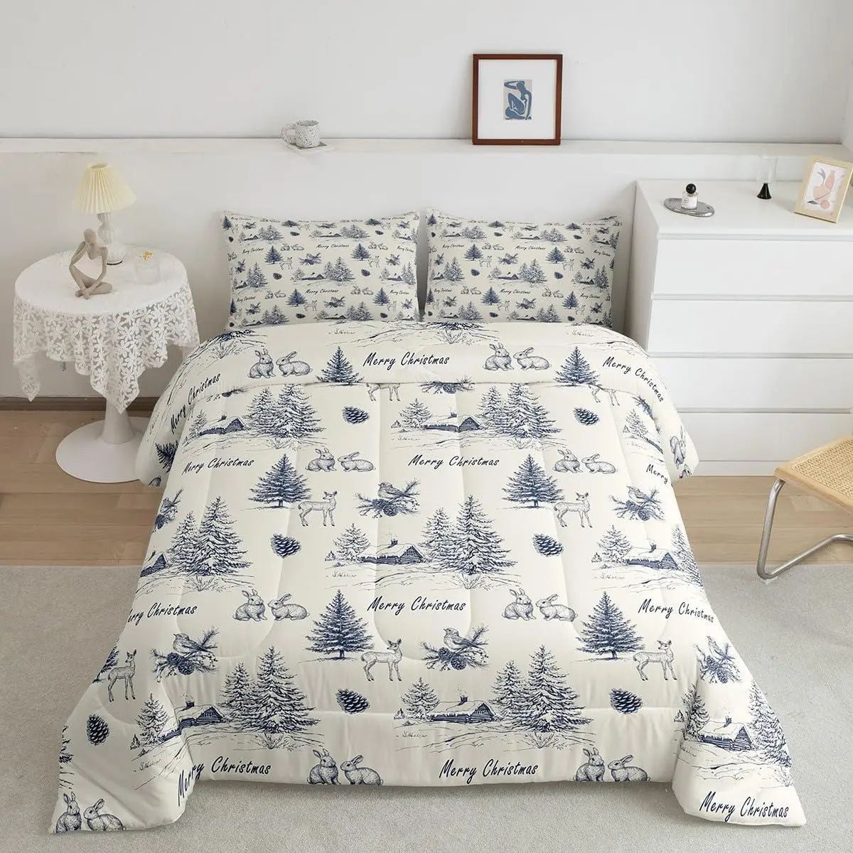 Navy Blue Christmas Comforter Set,Winter Village Bedding Set for Kids Adults,Christmas Tree Reindeer Pattern Bedding Comforter Set,Xmas Holiday Theme Duvet Insert