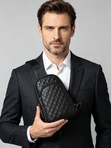 Chessboard Pattern Leather Fingerprint Lock Chest Bag, Business Commute Crossbody Bag, Men's Trendy Phone Bag, Waterproof Sports Bag