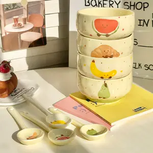 4 Set Cute Fruit Ceramic Bowl Creative Decorative Kawaii Hand-painted Ceramic Anti-scald Soup Bowl Home Kitchen Noodle Ramen Tableware Bowl