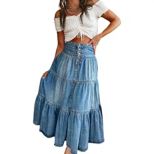 Women Tiered Ruffle Hem Denim Maxi Skirt Solid High Waist Buttons Jean Skirt Vintage Washed Swing Party Streetwear
