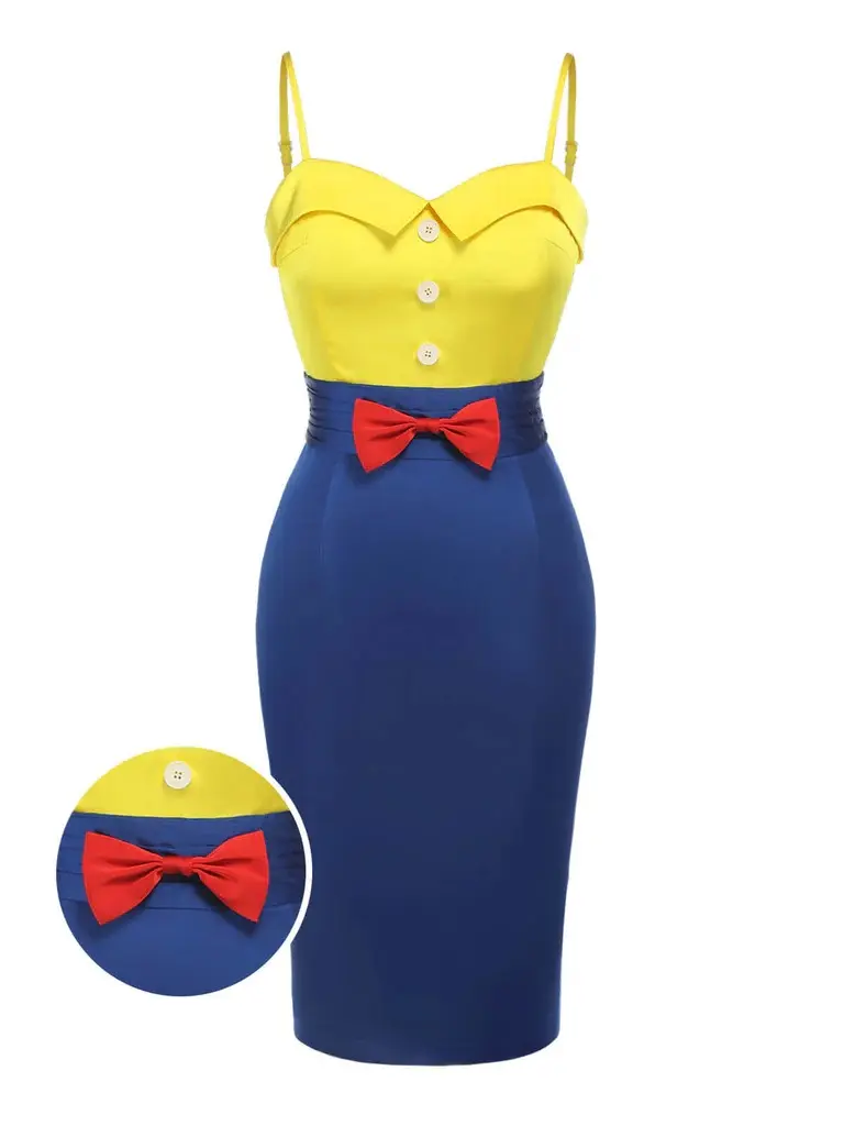 RETRO STAGE Women's 1960s Yellow & Blue Princess Bow-Strap Sleeveless Slim Pencil Dress - Chic Elegant Style, Polyester, Below Knee, Shoulder Straps, Back Zipper, Suitable for Casual & Formal Wear