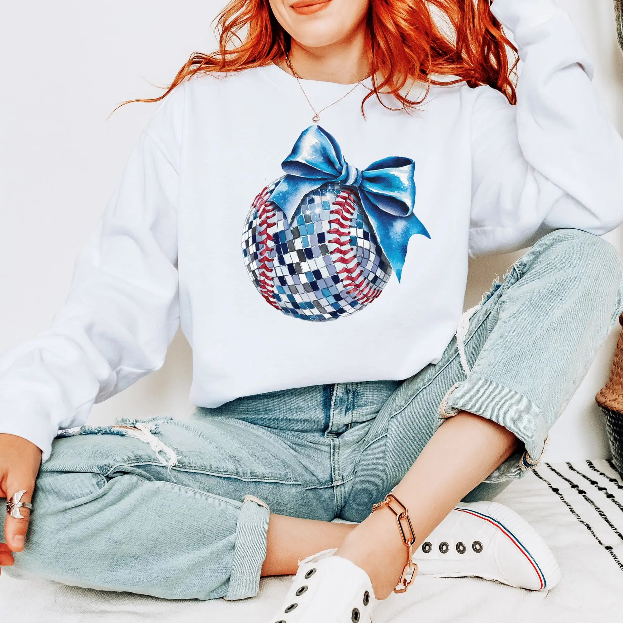 Blue Bow Disco Softball Sweatshirt for Player, Fan, Coach - Girly Baseball Pullover Sweater - Game Day Sweatshirt for Women and Teens