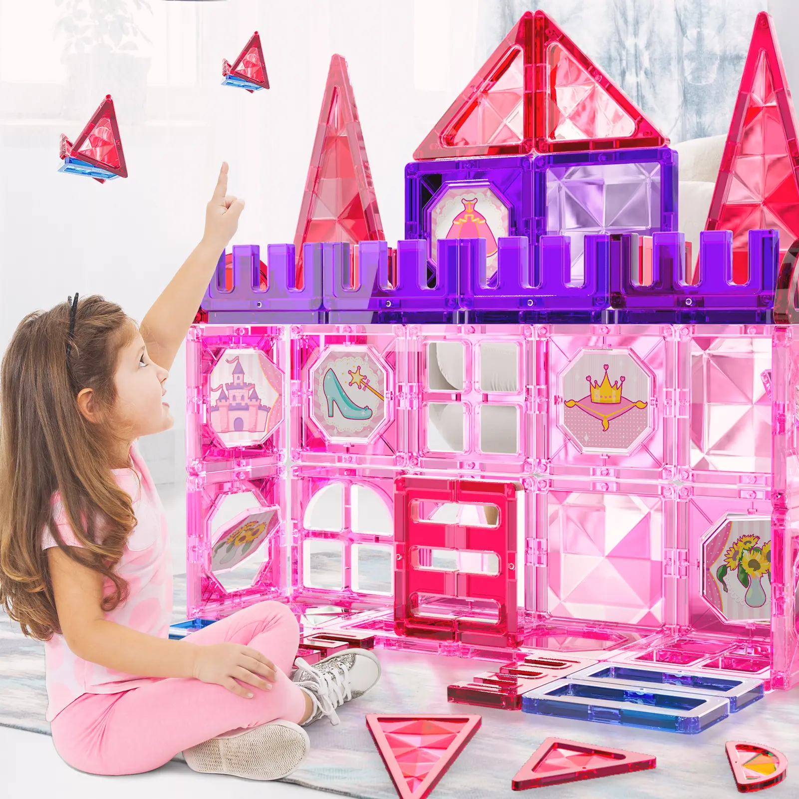 54-Piece Unisex Princess-Themed Colorful Magnetic Tile Set, Translucent Diamond Window Panels, Phthalate-Free Nitrosamine-Free Bricks, STEM Early Learning Building Blocks for 3-8/6-8 Years Kids, Strong Magnets, Easy Assembly, Collectibles Ideal Gift, Open
