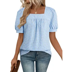 EVALESS Tops for Women Short Sleeve Tunic Blouses Square Neck Gingham Tops Cotton Blend Plaid Shirt Cute Checkered Shirt 2026 Womenswear Summer Outfits
