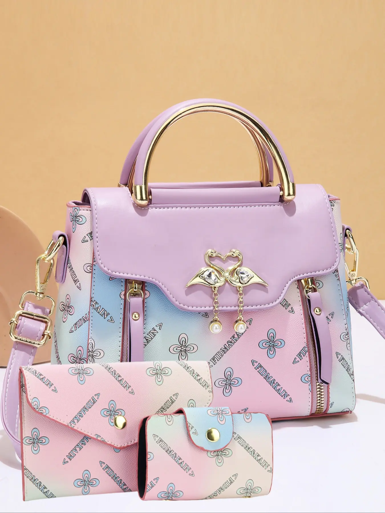Women's Gradient Color Handbag Set, Korean Fashion Three-Piece Large Capacity Crossbody Bag, Casual All-Season Commuter Small Square Bag PU Leather Bag, Handbag Wallet Set, Casual Everyday Bag