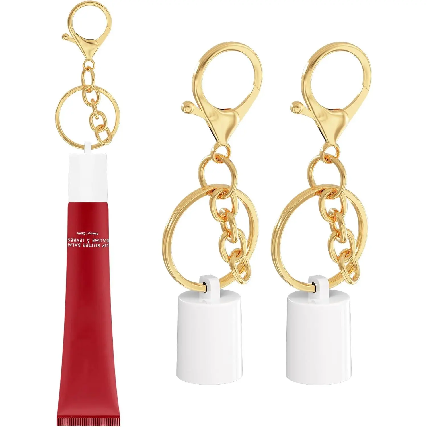 Lipgloss Holder Keychain for 0.5 oz Balm Tubes, Pack of 2 Sleek Metal Caps, Trendy White & Gold Accessory Set, Everyday Use, Chic Clip