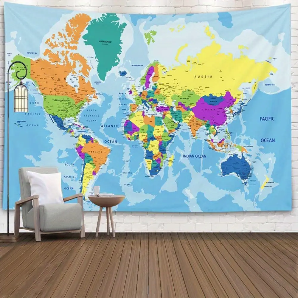 Vibrant Polyester Watercolour World Map Tapestry (1pc) - Durable Fabric, Easy Install, Indoor Wall Art for Living Room, Bedroom, Modern Home Decor, Home Supplies, One-Piece