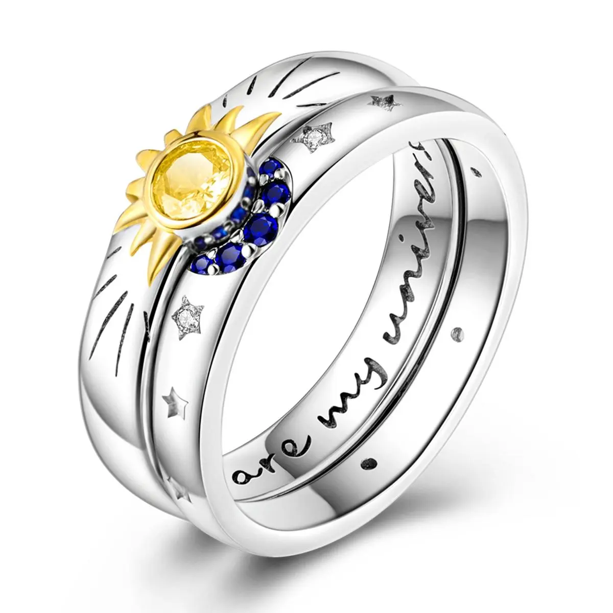 LAZA Universe Galaxy Ring Set | 925 silver plated sun and star design, plated with platinum and gold | Engraved "You are my universe" | Perfect gift for women and couples