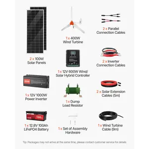 VEVOR 12V 600W Solar Wind Power Kit, 2PCS 100W Solar Panel+ 400W Wind Turbine+ 12.8V 100Ah LiFePO4 Battery+ 1000W Power Inverter+ MPPT Wind/Solar Hybrid Controller for Home RV Boat Farm Off-Grid