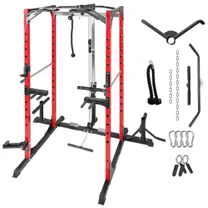 Power Cage with Adjustable Cable Crossover, LAT Pulldown, Seated Row & Full Attachment Set – Multi-Function Home Gym Rack