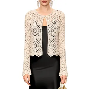 FAIRY SEASON Luminous Whisper Collection  | Elegant Golden-Thread Crochet Cardigan | Premium One-Button Lace Knit Bolero for Evening, Party, Cocktail & VIP Events Knitwear Fit